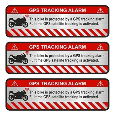 Afbeelding van Finest Folia 9 x GPS stickers voor fiets, motorfiets, auto, alarm, waarschuwing, anti diefstal, sticker, tracker, beveiligd (aluminium geslepen zilver, R056 motorfiets)