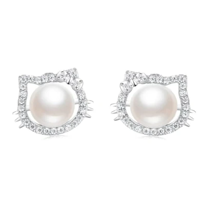 Afbeelding van baobei kat oorbellen voor vrouwen sterling zilveren zoetwaterparels Cubic Zircons hello kitty Cute Cat Love Stud Earrings Gift for women Meisjes kinderen met sieradendoosje (f1661)