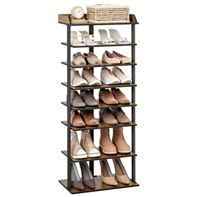 Afbeelding van Meerveil Hoge schoenenrek, 7 laags slanke schoenenplank, houten smalle industriële stijl voor hal slaapkamer, d47 x b28 h113 cm, rustiek bruin