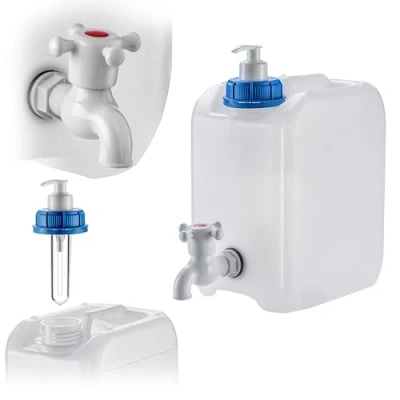 Afbeelding van KADAX Waterjerrycan met afvoerkraan, waterreservoir wateruitloop, jerrycan geïntegreerde tapkraan en zeepdispenser, campingtank, reisjerrycan (5 liter)
