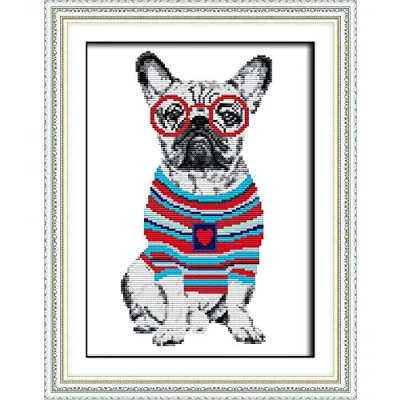 Afbeelding van Kruissteekkits, Franse Bulldog Honden Dieren Bril Awesocrafts Easy Patterns Borduurpakket benodigdheden, Getelde opties voor volwassenen, Beginners (Bulldog, Geteld)