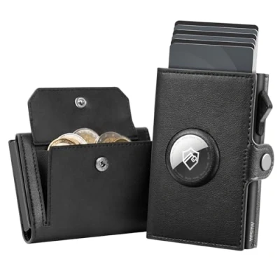 Afbeelding van YESIIW Portemonnee voor heren, kaarthouder, slim wallet, grote capaciteit, RFID trifold, portemonnee, kaarthouder met magnetisch muntvak, herenportemonnee knoopsluiting (zwart), A01 Zwart,