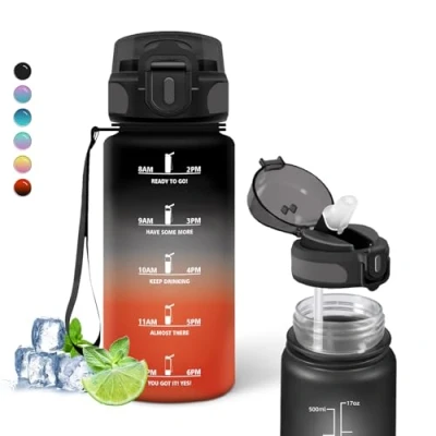 Afbeelding van drinkfles voor kinderen, 0,5 liter, waterfles met rietje, motiverende tijdschaal, gemakkelijk te reinigen, tijdschema&#039;s, school, hardlopen, reizen