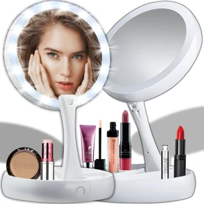 Afbeelding van Retoo Cosmetische spiegel met ledverlichting, draaibaar, verlichte make upspiegel voor thuis en onderweg, cosmeticaspiegel up scheren