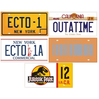 Afbeelding van Lot van 5 replica kentekenplaten de auto&#039;s 3 films Compatibel met JURASSIC + GHOSTBUSTERS BACK TO THE FUTURE (PF04)