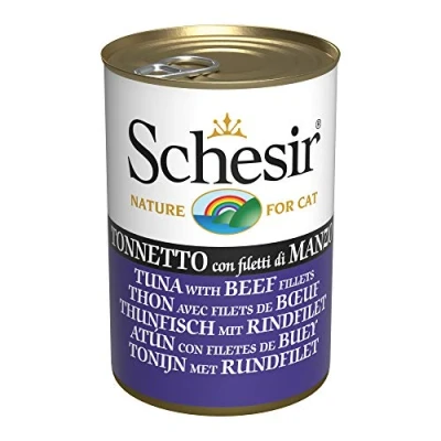 Afbeelding van Schesir, Natvoer voor volwassen katten met smaak, tonnetto runderfilets, bereid in zachte gelei, totaal 0,84 kg (6 blikjes à 140 g)