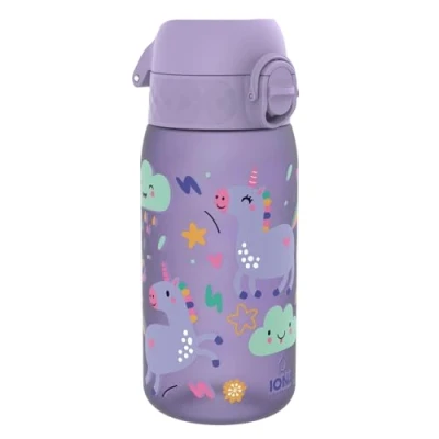 Afbeelding van ION8 Kinder Waterfles, 350 ml/12 oz, Lekvrij, Makkelijk te Openen, Veilige Vergrendeling, Vaatwasmachinebestendig, BPA Vrij, Draaghandvat, Schoon Maken, Geurvrij, Lichtpaars Eenhoorns