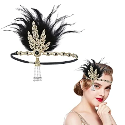 Afbeelding van MIVAIUN Hoofdband met veer voor dames, jaren 20 accessoires, Gatsby kostuumaccessoires, hoofdtooi flapper veer, haarband, bruiloftsfeest, themafeest (1 stuks)
