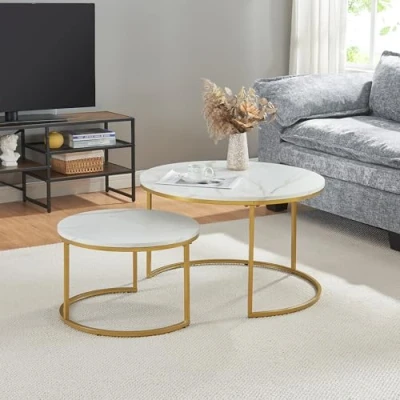Afbeelding van [en.casa] Salontafel Estergom rond set van 2 marmer wit en goudkleurig
