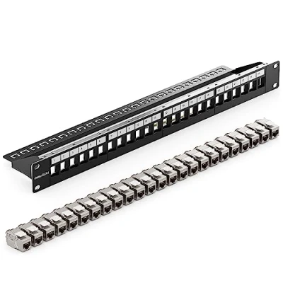 Afbeelding van deleyCON 24 Poorts CAT 7 Patchpaneel SET Distributie Paneel Modulair 1 U 19&quot; Inch Rekinstallatie + 24x Keystone Modules RJ45 LAN Netwerk 10 Gbit/s 600 MHz Installatiekabel Zwart