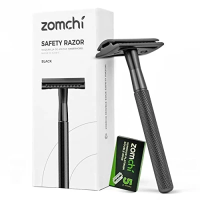 Afbeelding van ZOMCHI Veiligheidsscheermes, Safety Razor voor mannen of vrouwen, milieuvriendelijk scheermes met 5 mesjes, geschikt alle scheermesjes dubbele rand, Zwart