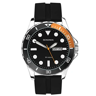 Afbeelding van Sekonda Balearen Heren 44mm Quartz Horloge in zwart met analoge dag/datumweergave en zwarte rubberen band 30118