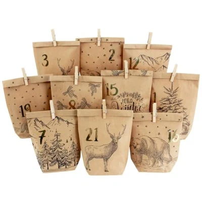 Afbeelding van DIY adventskalender om te vullen 24 bedrukte cadeauzakjes en nummerstickers clips motief Gezellig Winter zwart knutselen weg geven Kerstmis