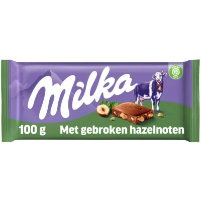 Afbeelding van Milka Gebroken Hazelnoot Chocolade Reep 100 Gram