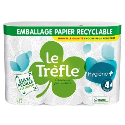 Afbeelding van Le Trefle Hygiëne+ toiletpapier 6 rollen 4 lagen ultiem comfort opmerkelijke zachtheid maxi vellen recyclebare verpakking FSC® gecertificeerd uniseks