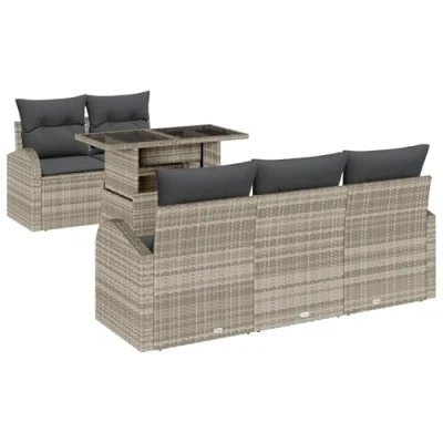 Afbeelding van vidaXL 6 delige tuin sofa set met kussens lichtgrijs poly riet, 2 zits opslag &amp; riet