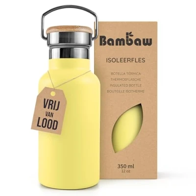 Afbeelding van Bambaw® 350ml RVS Thermosfles Isoleerfles, Dubbelwandig, Milieuvriendelijk, Lekvrijen, loodvrij en Plasticvrij Geïsoleerde Fles met Bamboe Deksel voor Warme Koude Dranken Ideaal Reizen, Werk, Yoga, Wandelen Dagelijks Gebruik geel
