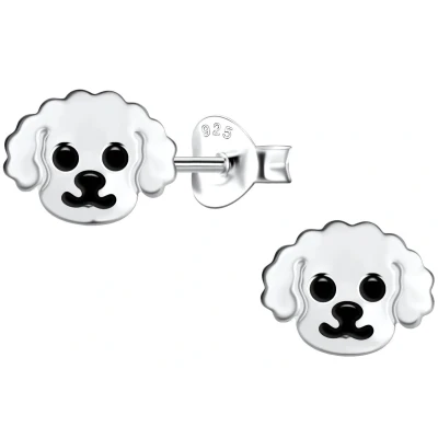 Afbeelding van JoyS Zilveren hond oorbellen 8 x 6 mm sterling zilver 925 met zwarte accentjes kinderoorbellen