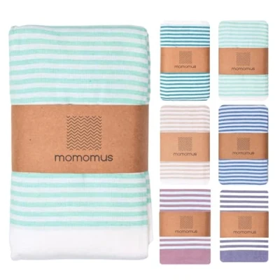 Afbeelding van MOMOMUS Strandlaken Fouta XXL of picknickdeken voor op het strand, gestreepte deken met franjes, grote strandhanddoek picknickdeken, turquoise, 210 x 240 cm