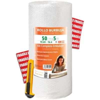 Afbeelding van OFITURIA Luchtkussenfolie, 50 cm x 5 m, complete set met cutter + 12 frisse etiketten, voor verhuizing, verpakking, luchtkussenfolie