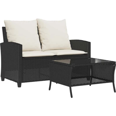 Afbeelding van vidaXL Tuinbank 2 zits met kussens &amp; tafel poly rattan zwart