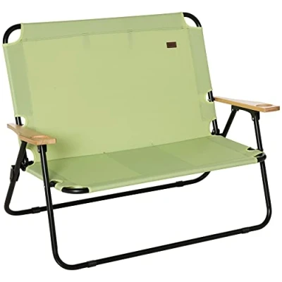 Afbeelding van Outsunny campingstoel 2 zits opvouwbare draagbare tuinstoel regisseursstoel klapstoel met bekerhouder voor outdoor picknick wandelen max. belasting 160 kg groen 141 x 67 80 cm