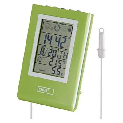 Afbeelding van EMOS Digitaal weerstation met buiten en binnenthermometer 1,9 m kabelsensor, weersvoorspelling, datum, tijd, maanfasen, wekkerfunctie, werkt op batterijen, groen