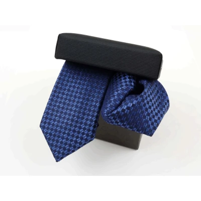 Afbeelding van Set zijden das en pochet royalblauw geblokt