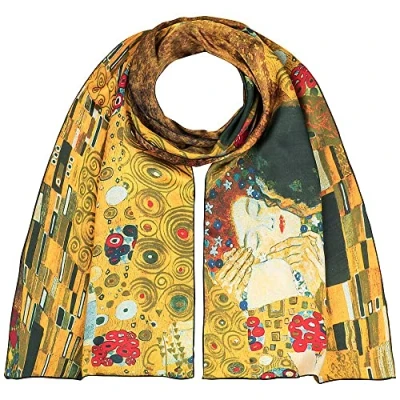 Afbeelding van VON LILIENFELD Sjaal Gustav Klimt De Kiss Dames 100% Zijde Kunst Motief Zijden Randen Handgerold 172 x 42 cm