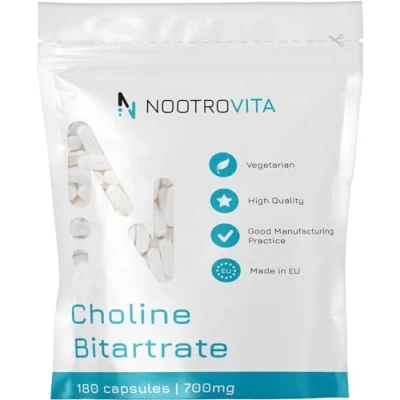 Afbeelding van choline hooggedoseerd 700 mg 180 capsules 6 maanden! Voor leverfunctie, geheugen, hersenen en concentratie Vegan bitarraat Gemaakt in ISO gecertificeerde bedrijven Nootrovita
