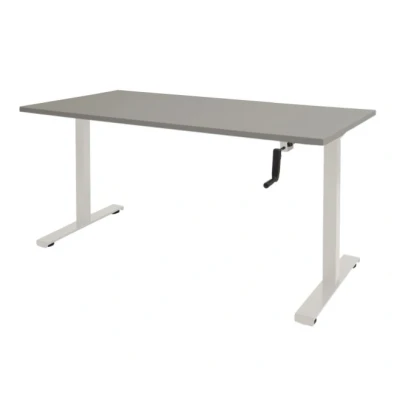 Afbeelding van Dextro slinger zit/sta 180x80cm, hoogte verstelbare werkplek dmv slinger, T poot frame. Frame kleur wit (RAL9010) en blad licht grijs.