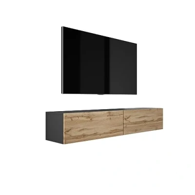 Afbeelding van 3E 3xE living.com Hangende tv kast (Breedte: 170 cm. Hoogte: 34 Diepte: 32 cm) lowboard, meubel, kast, zwart en Wotan eiken.