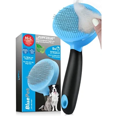 Afbeelding van BluePet Hondenborstel, kattenborstel, met klikreiniging, zelfreinigend, verzorgingsborstel voor katten, honden, kleine dieren, kort tot lang haar, zachte borstel haren