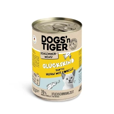 Afbeelding van Dogs&#039;n Tiger Schermenu Gelukskind, natvoer voor kittens, sappige kip en forel, zonder granen, toegevoegde suiker, kunstmatige conserveringsmiddelen, optimale verdraagbaarheid, 400 g (verpakking van 12