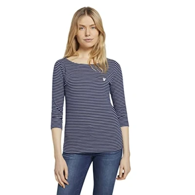 Afbeelding van TOM Tailor Stripe BOAT NECK Longsleeve navy/white, Dames, Maat: XXL, Navy/white