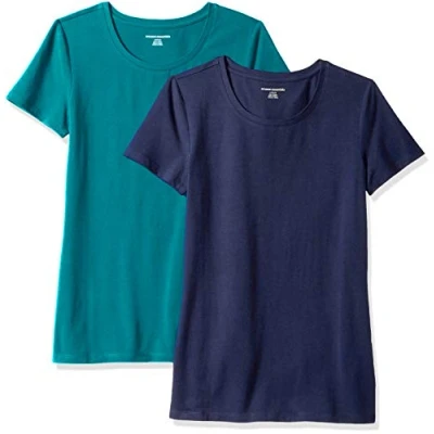 Afbeelding van Amazon Essentials Women&#039;s T shirt met korte mouwen en ronde hals in klassieke pasvorm, Pack of 2, Donkergroen/Marineblauw, XL