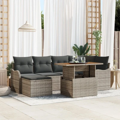 Afbeelding van vidaXL 7 Delige Tuin Sofa Set met Kussens Grijs Poly Rattan Acacia