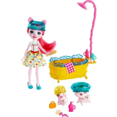 Afbeelding van Enchantimals Spetterende Badpret Speelset met Pop van Petya Varkentje (15 cm), 2 varkenfiguren (1 kleurveranderingsfunctie) en meer dan 11 Accessoires, voor kinderen tussen de 3 8 jaar, GJX36