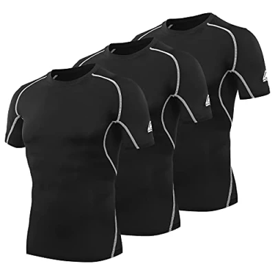 Afbeelding van AMZSPORT Heren compressieshirt korte mouwen T shirts sneldrogend gym lopen functioneel ondergoed, Verpakking van 3 stuks, zwart, L