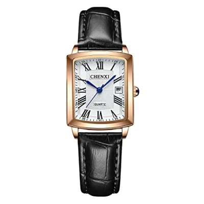 Afbeelding van JewelryWe Vrouwen Horloges Vierkante Analoge Grote Romeinse Cijfers Quartz Kalender Horloge Business Casual Lederen Horloge, Zwart, riem