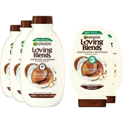 Afbeelding van Garnier Loving Blends Kokosmelk en Macadamia Shampoo 3x 300 ml &amp; Conditioner 2x 250 Pakket