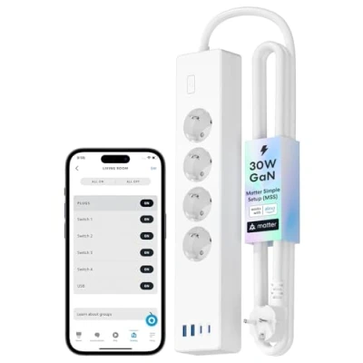 Afbeelding van Meross Matte stekkerdoos met USB C 30 W, meervoudig stopcontact, Smart WiFi snellader, C, mat, eenvoudige installatie, compatibel Alexa, Apple HomeKit en Google, 16 A, 4 stopcontacten, 2 A