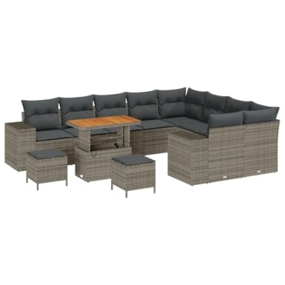 Afbeelding van vidaXL 12 delige Tuin Sofa Set met Kussens Grijs Poly Rattan Acacia, 3 Eettafel Acacia