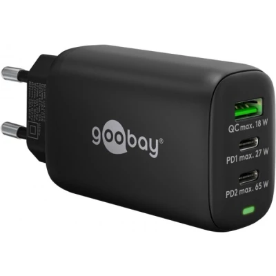 Afbeelding van Goobay USB C PD 3 weg multiport snellader (65 W) zwart 2x poorten (Power Delivery) en 1x A poort (Quick Charge)