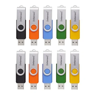 Afbeelding van Intenso Basic Line USB sticks, 10 x 4 GB, 2.0, met praktische etiketten, geel, groen, zwart, blauw + oranje, zilveren metalen beugel, verpakking van stuks