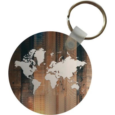 Afbeelding van Sleutelhanger Wereldkaart Simpel Hout Plastic Rond Uitdeelcadeautjes