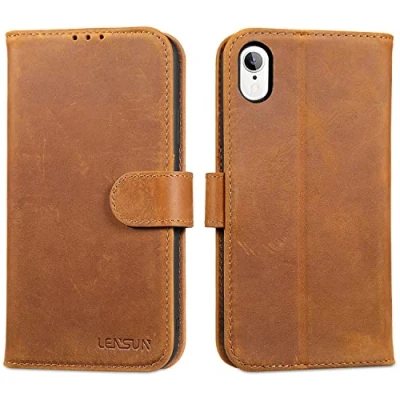 Afbeelding van Lensun Beschermhoesje voor iPhone XR, echt lederen hoesje [RFID blokkering] boek met portemonnee magneetsluiting flip hoezen XR Retro bruin