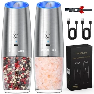 Afbeelding van FORLIM Elektrische pepermolen, USB oplaadbaar, 6 oz capaciteit zoutmolen, met ledlicht, bediening één hand, verstelbare grofheid, zwaartekracht automatisch slijpen, roestvrij stalen set (zilver)