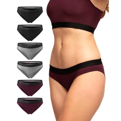 Afbeelding van DANISH ENDURANCE Slips van Biologisch Katoen, Stikselvrij, Elastische Tailleband, voor Dames, Set 6, Veelkleurig (2x Donker Grijs, 2x Wijnrood, Zwart), L