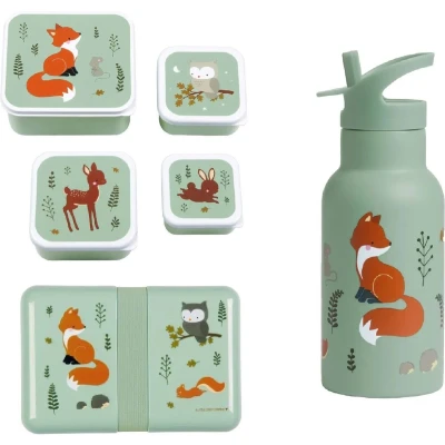 Afbeelding van A Little lovely company Back to school set Drinkfles / 4 Snackdozen Lunchbox Bosvriendjes Sa